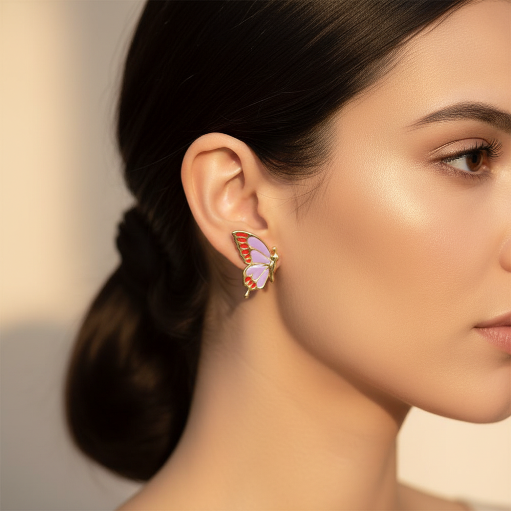 Enamel Butterfly Earrings, Gold Butterfly Studs, Hypoallergenic Stainless Steel Earrings, Vibrant Summer Wings Jewelry, Gift for Her (IER-1070)