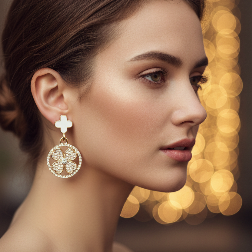 Sparkling Clover Medallion Drop Earrings | Rhinestone Floral Dangle Jewelry (IER-5771)