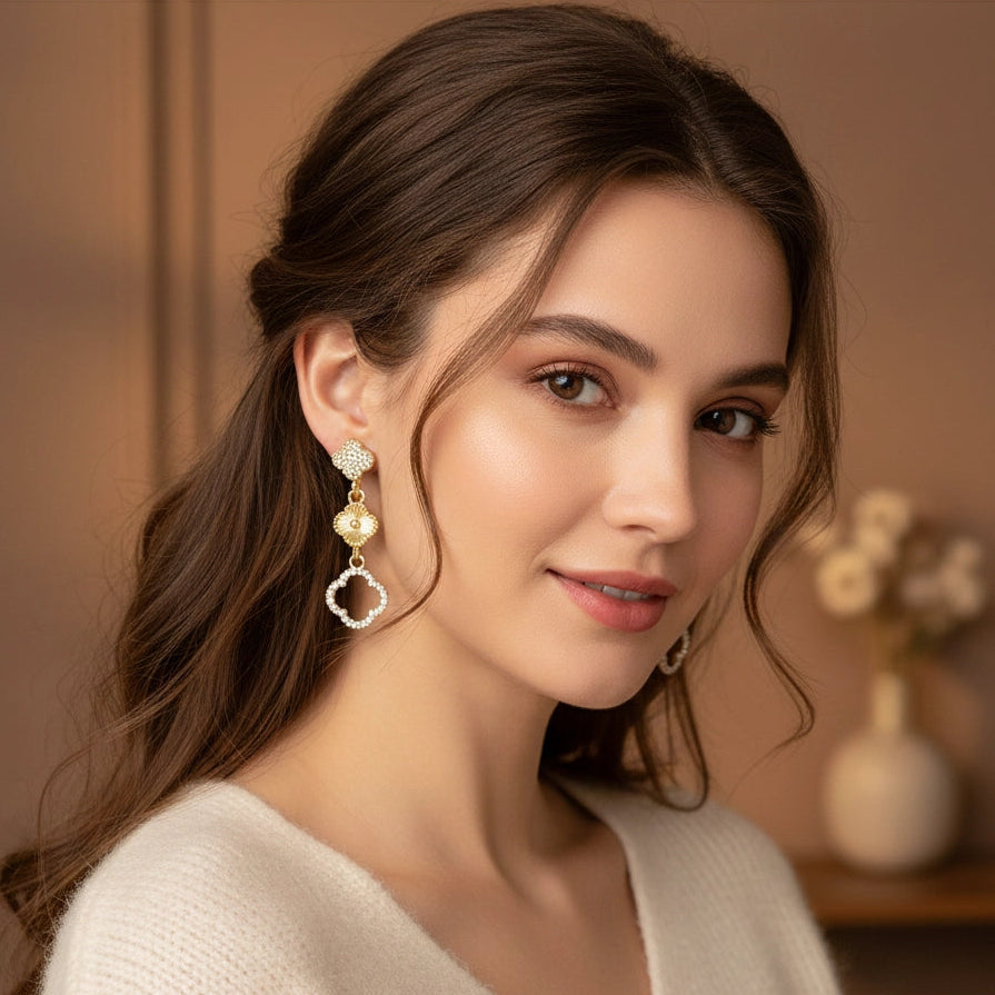 Blossom Triple-Tier Quatrefoil Drop Earrings – Elegant Clover Statement Jewelry (IER-5801)