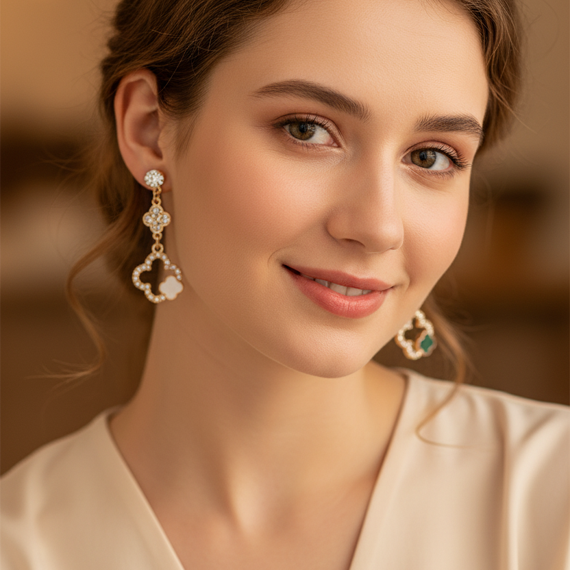 Elegant Floral Clover Drop Earrings - Rhinestone & Enamel Tiered Dangle Earrings in Gold & Silver Tone (IER-5915)