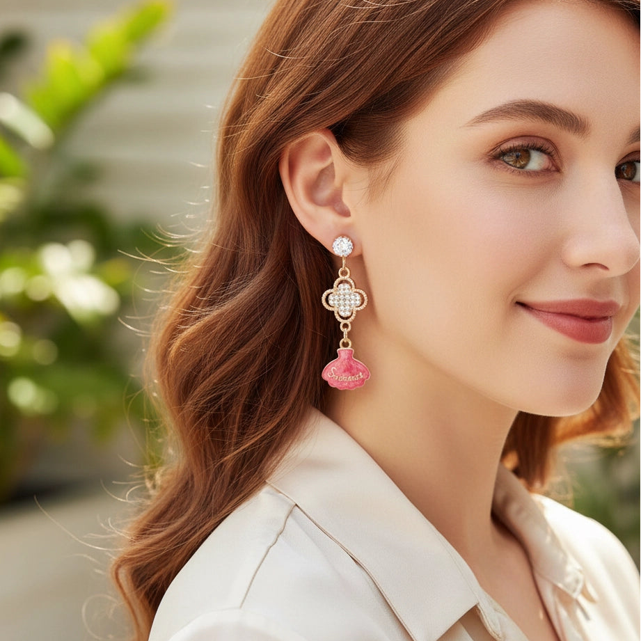Sparkling Four-Leaf Clover & Summer Shell Drop Earrings (IER-5929)