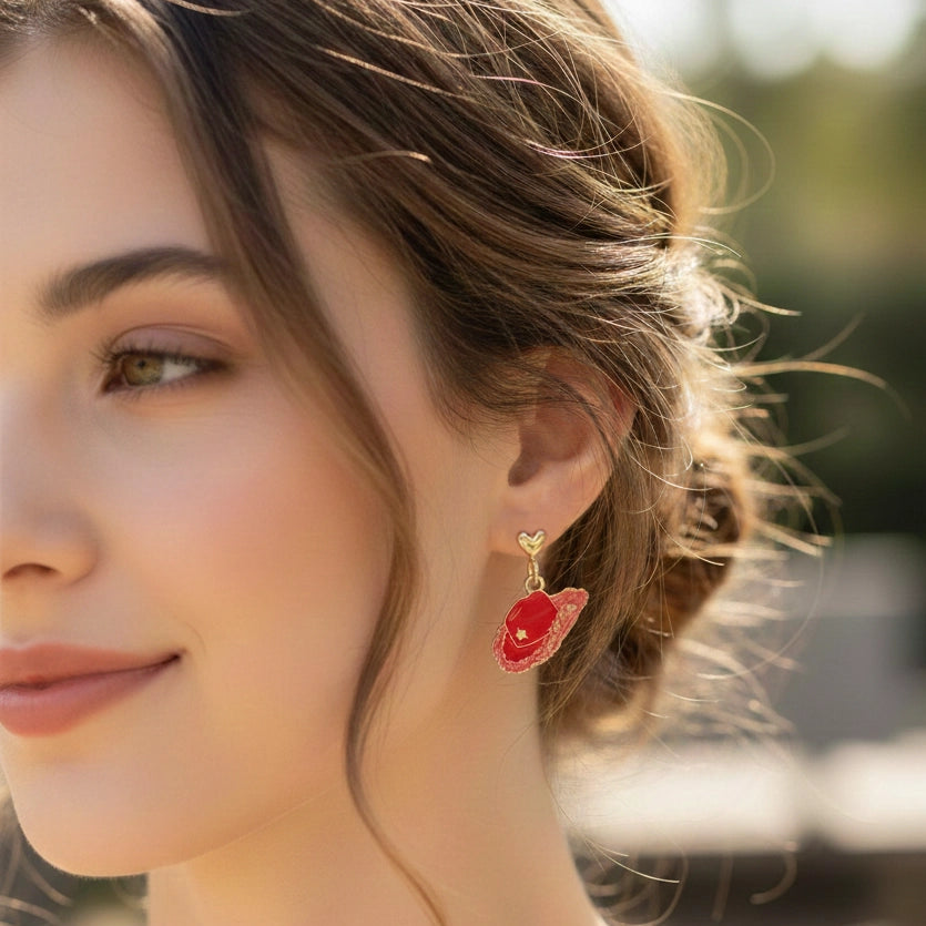 Red Cowboy Hat Drop Earrings with Heart Studs (IER-5943)