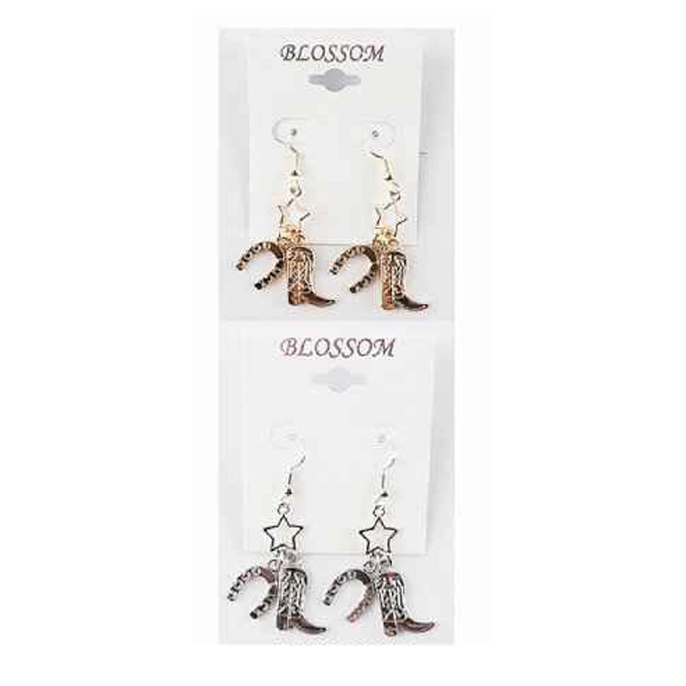 Western Star, Cowboy Boot, and Horseshoe Dangle Earrings – Gold & Silver Tone (IER-5952)