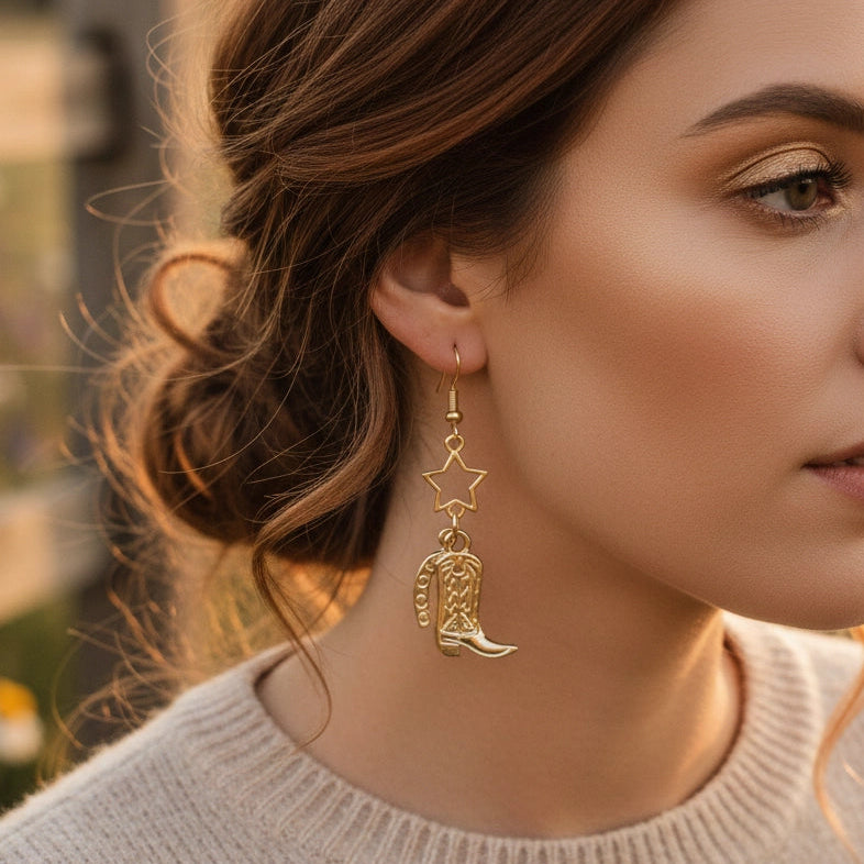Western Star, Cowboy Boot, and Horseshoe Dangle Earrings – Gold & Silver Tone (IER-5952)