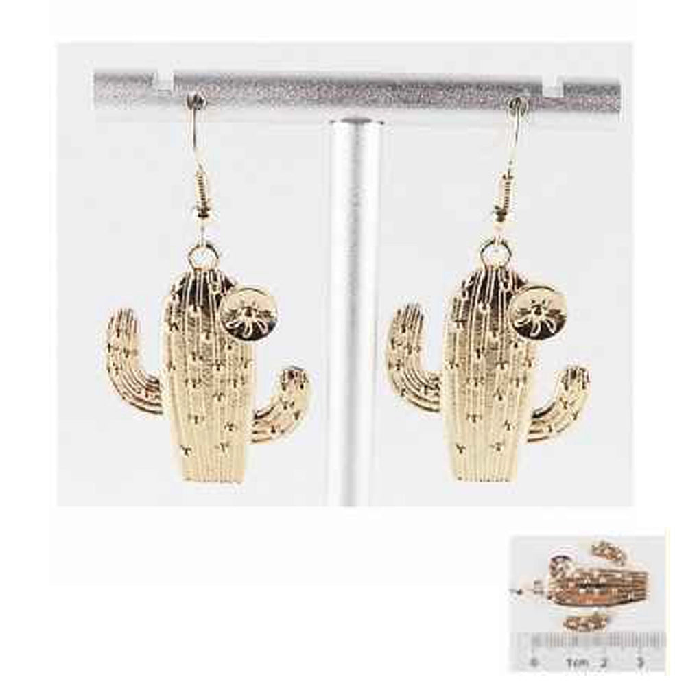 Gold & Silver Cactus Drop Earrings - Southwestern Saguaro Dangle Earrings with Flower Detail (IER-5953)