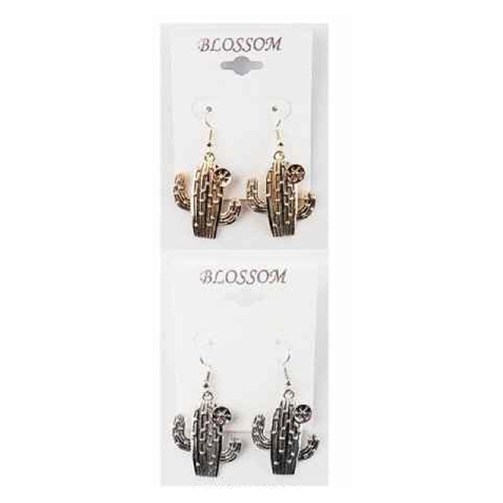 Gold & Silver Cactus Drop Earrings - Southwestern Saguaro Dangle Earrings with Flower Detail (IER-5953)