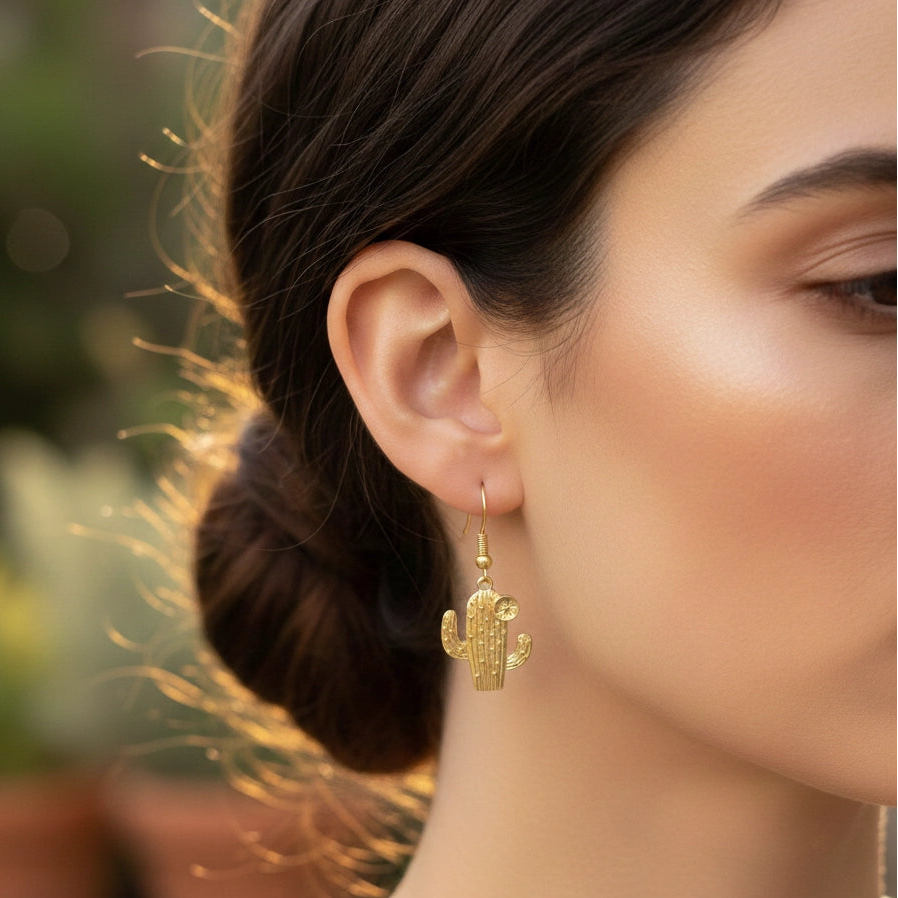 Gold & Silver Cactus Drop Earrings - Southwestern Saguaro Dangle Earrings with Flower Detail (IER-5953)