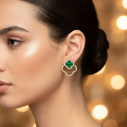 Gold Four-Leaf Clover Drop Earrings – Crystal Outline Floral Studs (IER-6008)