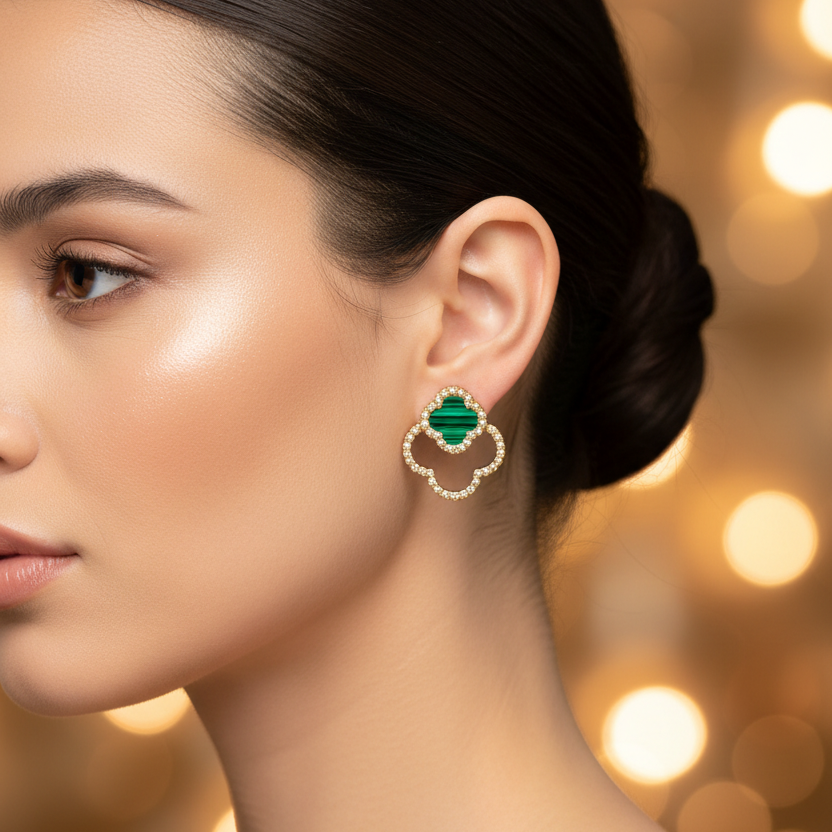 Gold Four-Leaf Clover Drop Earrings – Crystal Outline Floral Studs (IER-6008)