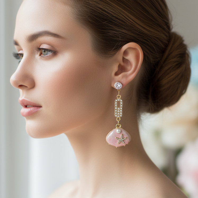 Coastal Charm Seashell & Starfish Dangle Earrings | Enamel Beach Jewelry (IER-6015)
