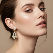 Elegant Rhinestone Heart Padlock Front-Back Pearl Stud Earrings (IER-6031)