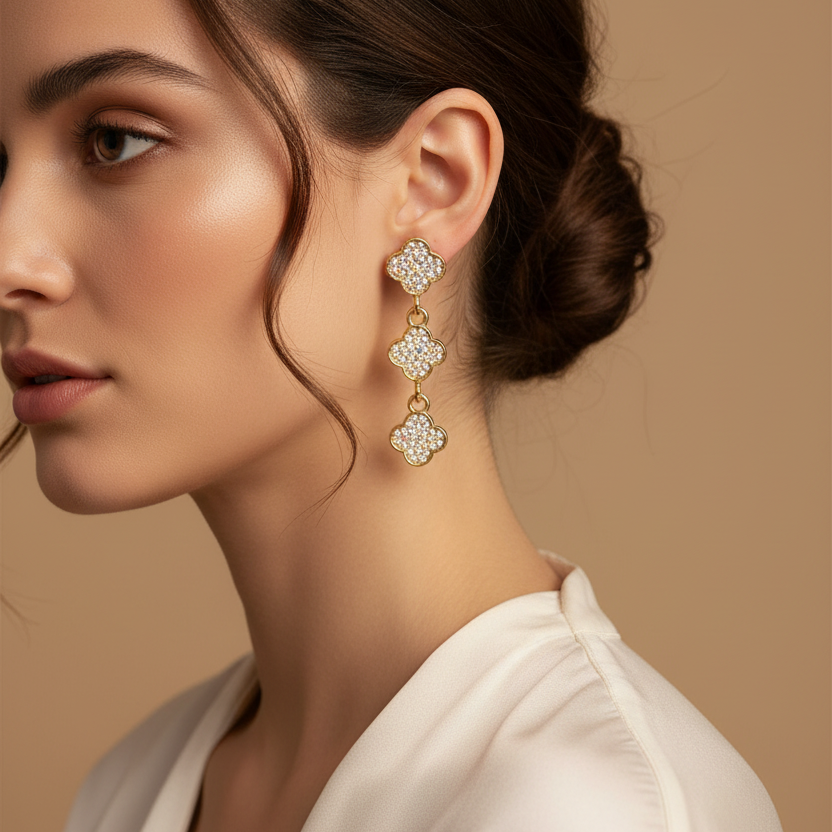 Triple Clover Drop Earrings – Sparkling Rhinestone Floral Dangle Earrings | Blossom Collection (IER-6106)