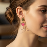 Novelty Enamel Cocktail Glass Drop Earrings with Rhinestones – 2.28" Martini Drink Dangle Earrings Set for Women, Summer Party & Happy Hour Jewelry (IER-6178)