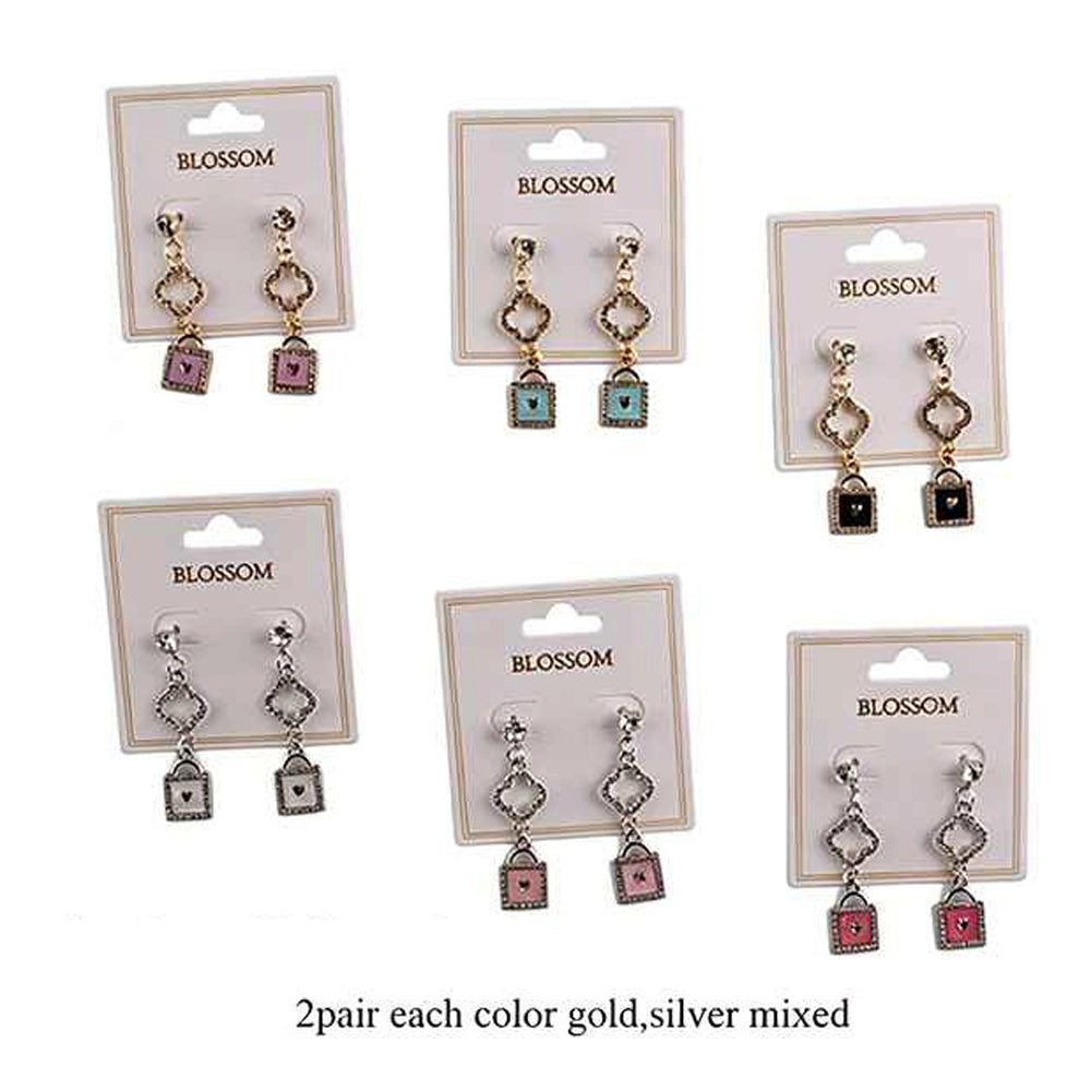 Vintage Clover Padlock Drop Earrings Lot (12 Pairs) – Gold & Silver Tone Jewelry Set (IER-6181)