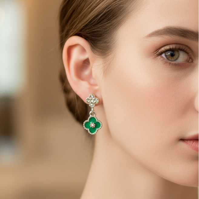 12-Pair Four-Leaf Clover Dangle Earrings Set – Rhinestone Floral Drop Earrings in Gold & Silver Finish (Mixed Colors) (IER-6183)