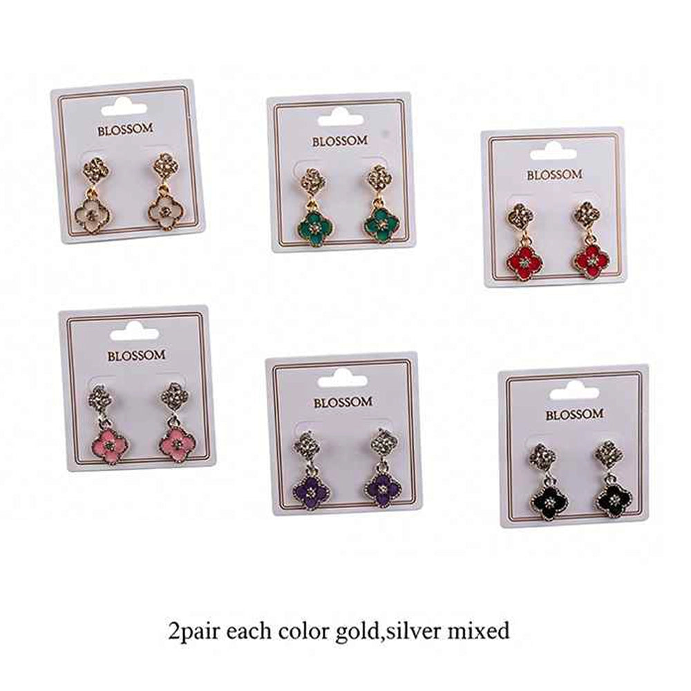 12-Pair Four-Leaf Clover Dangle Earrings Set – Rhinestone Floral Drop Earrings in Gold & Silver Finish (Mixed Colors) (IER-6183)