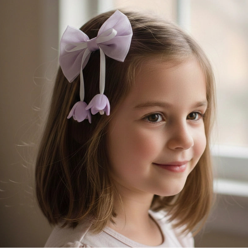 Chiffon Bow Hair Clip with Floral Tassels – Oversized Romantic Ribbon Barrette – Coquette Aesthetic (IHP-809)