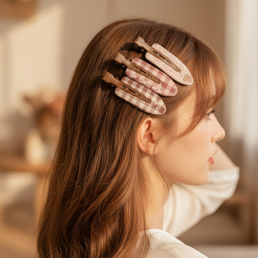 4-Piece Cute Printed Hair Barrette Set – Vintage Plaid, Polka Dot & Heart Alligator Clips for Women and Girls (IHP-859)