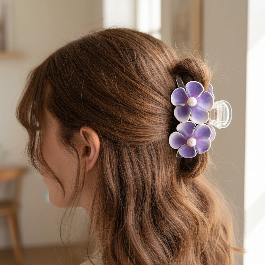 Elegant Flower Hair Claw Clip - Dual Bloom Design with Pearl Accent