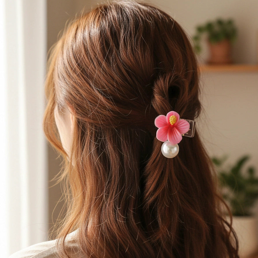 Hibiscus Flower & Iridescent Pearl Hair Claw Clips (IJC-1287)