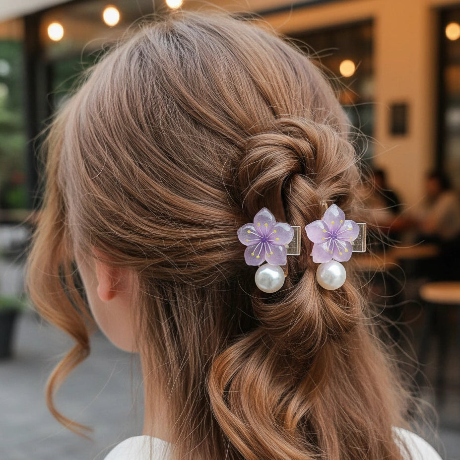 Floral & Pearl Mini Hair Claw Clips (Pair) (IJC-1288)