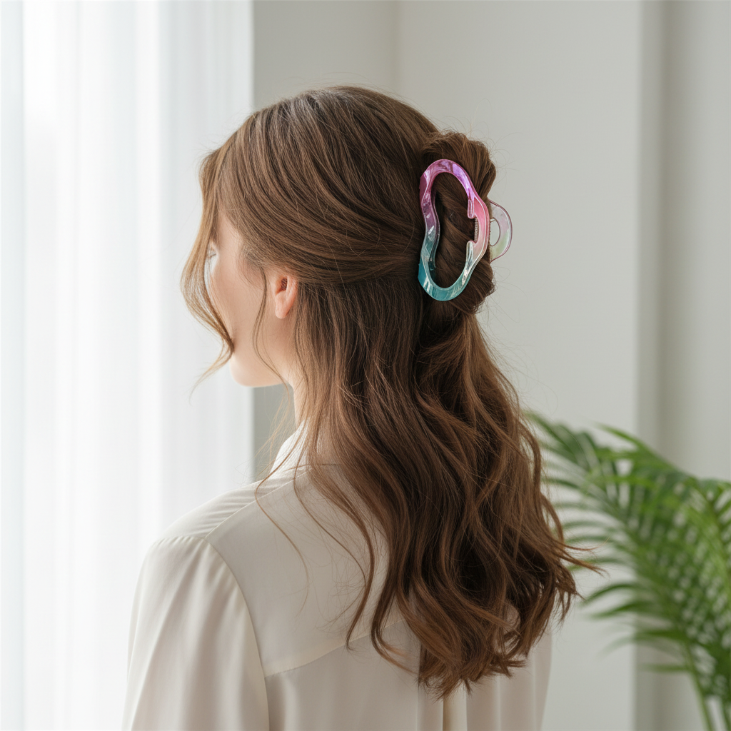 Gradient Wave Hair Clips Set – Colorful Irregular Acrylic Hair Claws, Non-Slip Geometric Styling Barrettes, Pastel Ombre Hair Accessories for Women and Girls (IJC-1431)