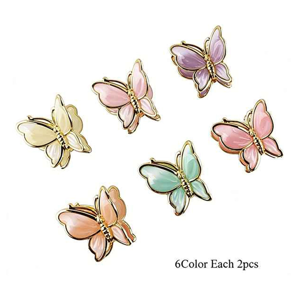 Pastel Butterfly Hair Clips Pack of 12 | Cute 3D Fairy Aesthetic Hair Claws | Colorful Resin & Gold Metal Hair Accessories for Girls (IJC-1437)