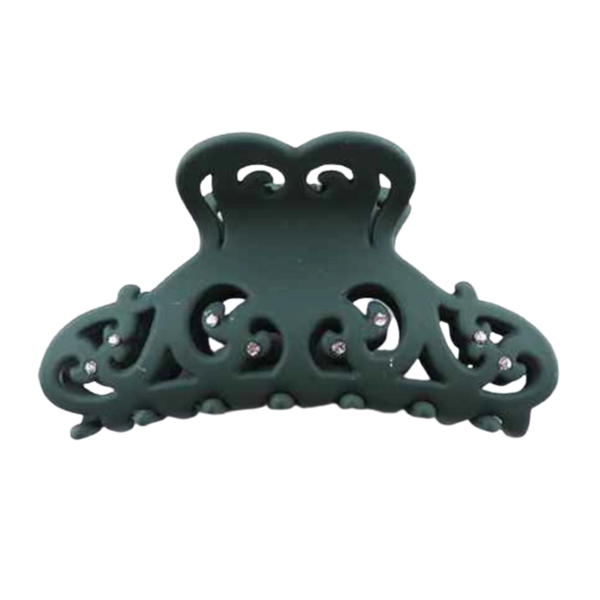 Matte Green Filigree Claw Clip with Crystal Accents
