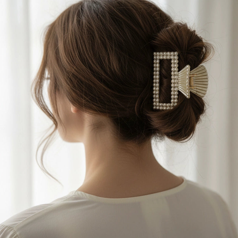 Large Faux Pearl Square Claw Clip for Elegance