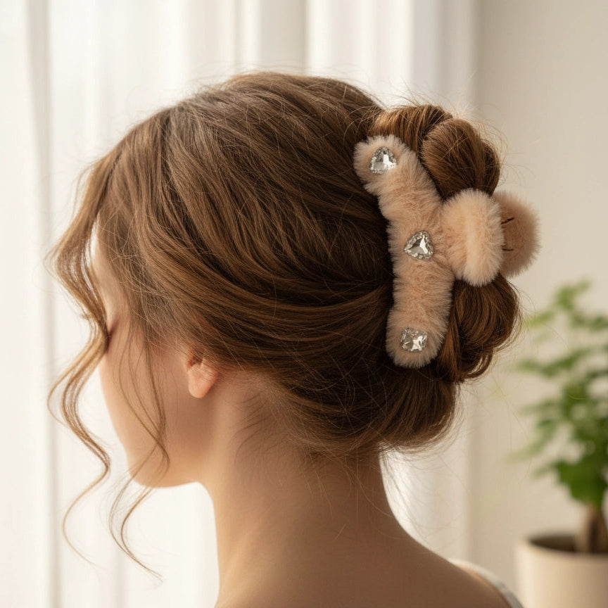 Soft Glam Pastel Plush Claw Clips with Rhinestone Sparkle Jumbo 12cm