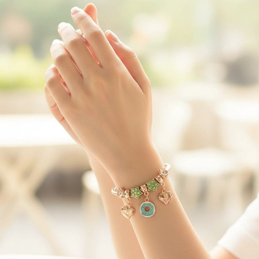 Donut Charm Bracelet for Girls, Whimsical Star & Heart Expandable Bangle (IKBR-188)