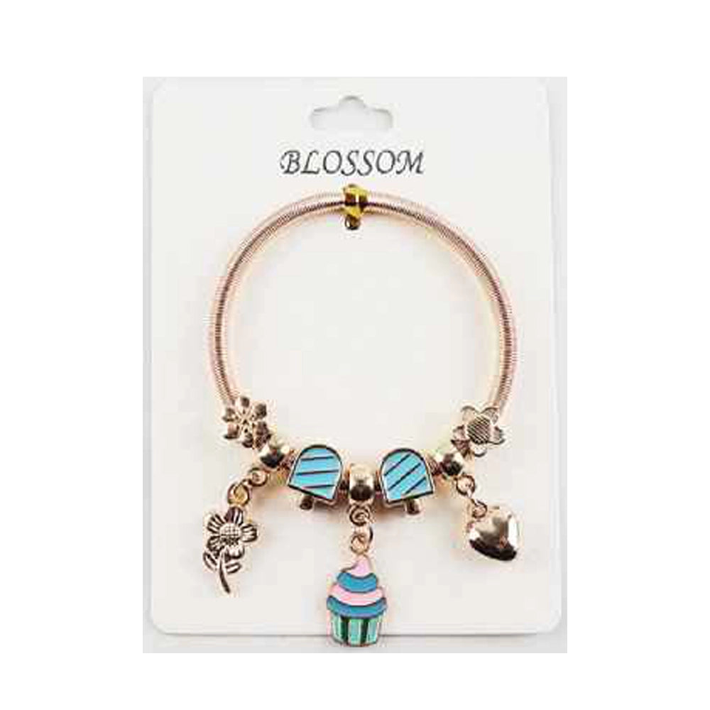 Charm Bracelet – Rose Gold & Silver Finish with Cupcake, Ice Cream, and Floral Charms (IKBR-191)