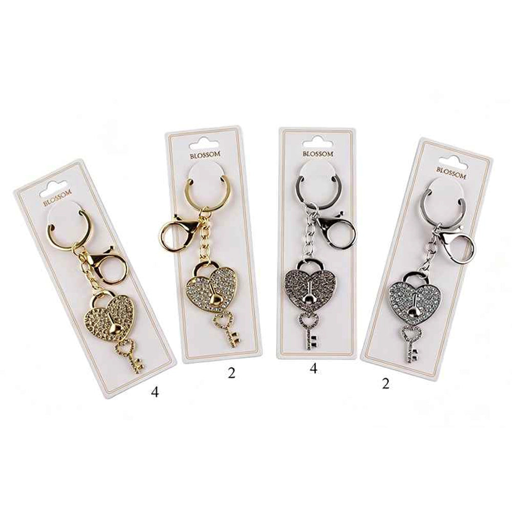 Rhinestone Heart Lock and Key Keychain | Crystal Bling Car Keyring Charm | Romantic Couple Gift & Bag Accessory (Gold & Silver, Pack of 4) (IKC-1004)