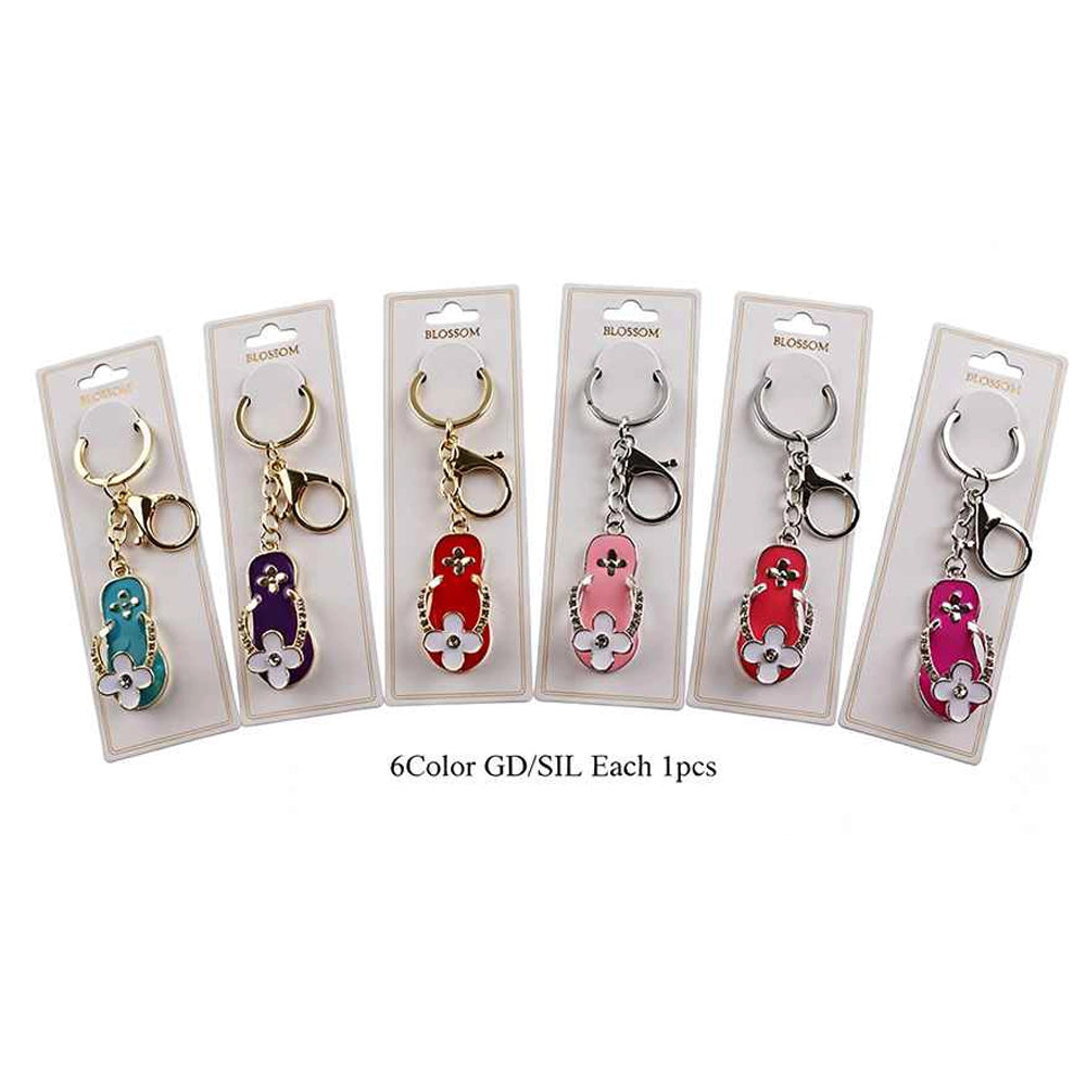 Enamel Flip Flop Keychain Bulk Set - 6 Pack Summer Slipper Keyring with Rhinestone Flower, Gold & Silver Metal Purse Charms, Beach Party Favors (IKC-1006)