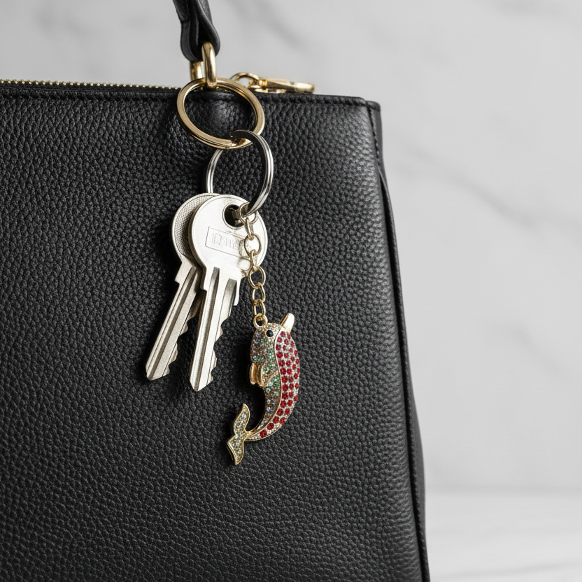 Rhinestone Dolphin Keychain Set – Sparkling Crystal Ocean Animal Key Ring with Lobster Clasp, 6-Pack Assorted Colors (Gold & Silver Tone) (IKC-1007)
