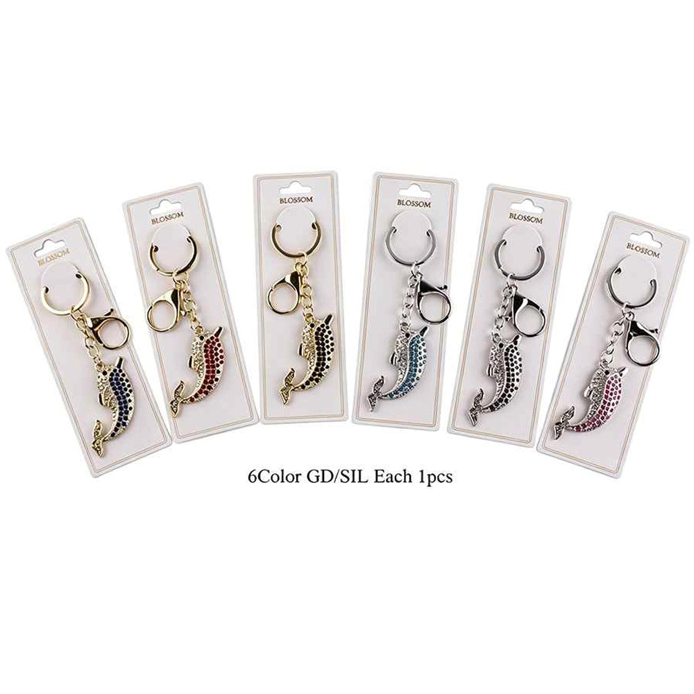 Rhinestone Dolphin Keychain Set – Sparkling Crystal Ocean Animal Key Ring with Lobster Clasp, 6-Pack Assorted Colors (Gold & Silver Tone) (IKC-1007)