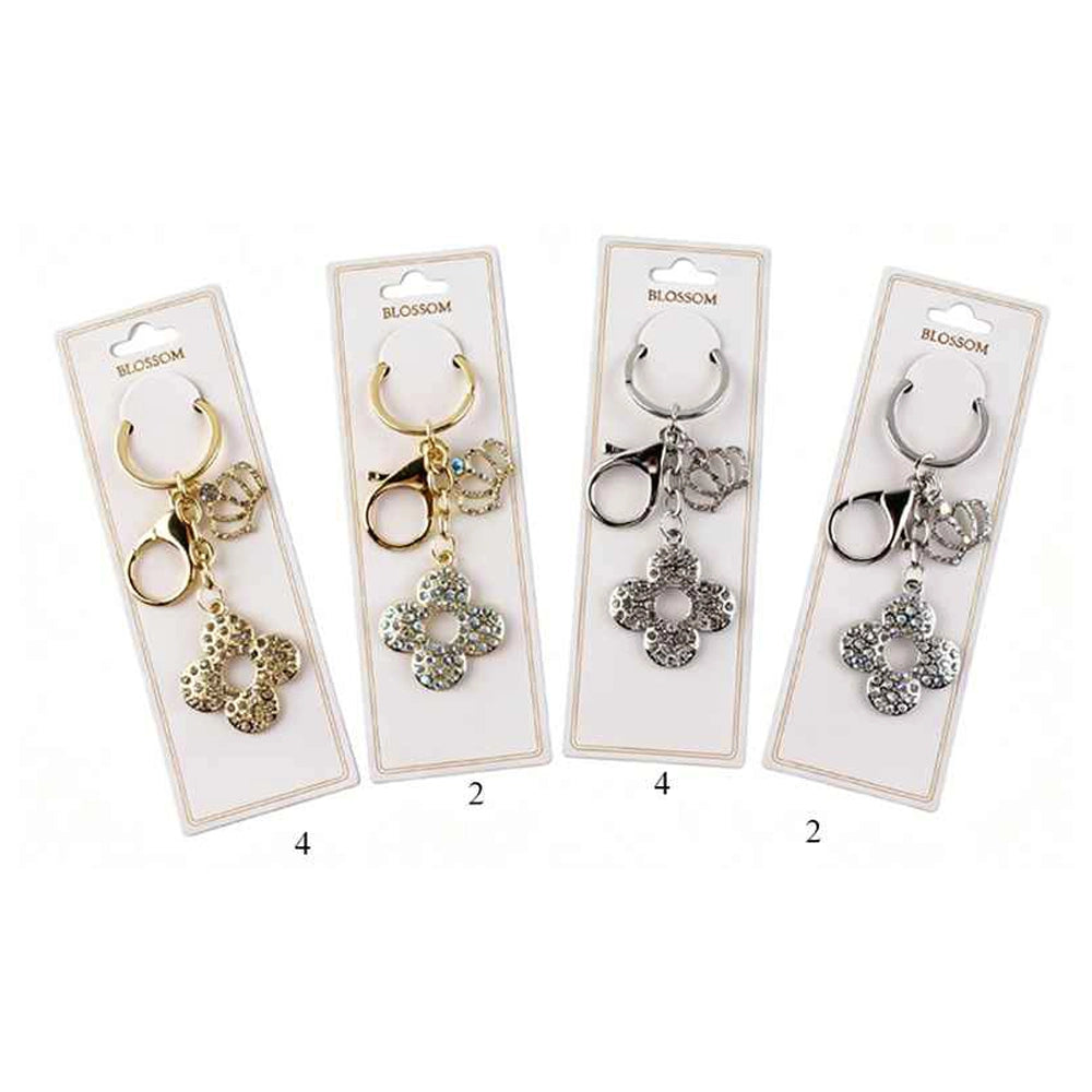 Rhinestone Four-Leaf Clover Keychain with Crown Charm – Crystal Flower Purse Charm & Car Key Ring Accessory, Gold & Silver Fashion Keychain for Women (IKC-1008)