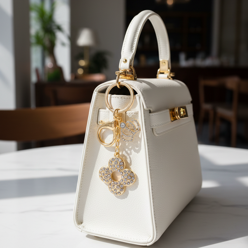 Rhinestone Four-Leaf Clover Keychain with Crown Charm – Crystal Flower Purse Charm & Car Key Ring Accessory, Gold & Silver Fashion Keychain for Women (IKC-1008)