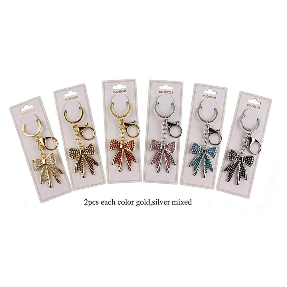 Sparkling Rhinestone Bow Keychain Pack – Mixed Gold & Silver Bow Charm Keyrings for Handbags & Backpacks (12-Piece Bulk Set) (IKC-1010)