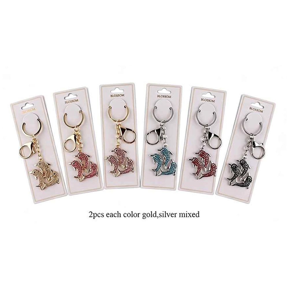 Rhinestone Dolphin Keychain Set – Sparkling Crystal Ocean Animal Keyring & Bag Charm (12-Piece Assorted Gold & Silver Set) (IKC-1011)