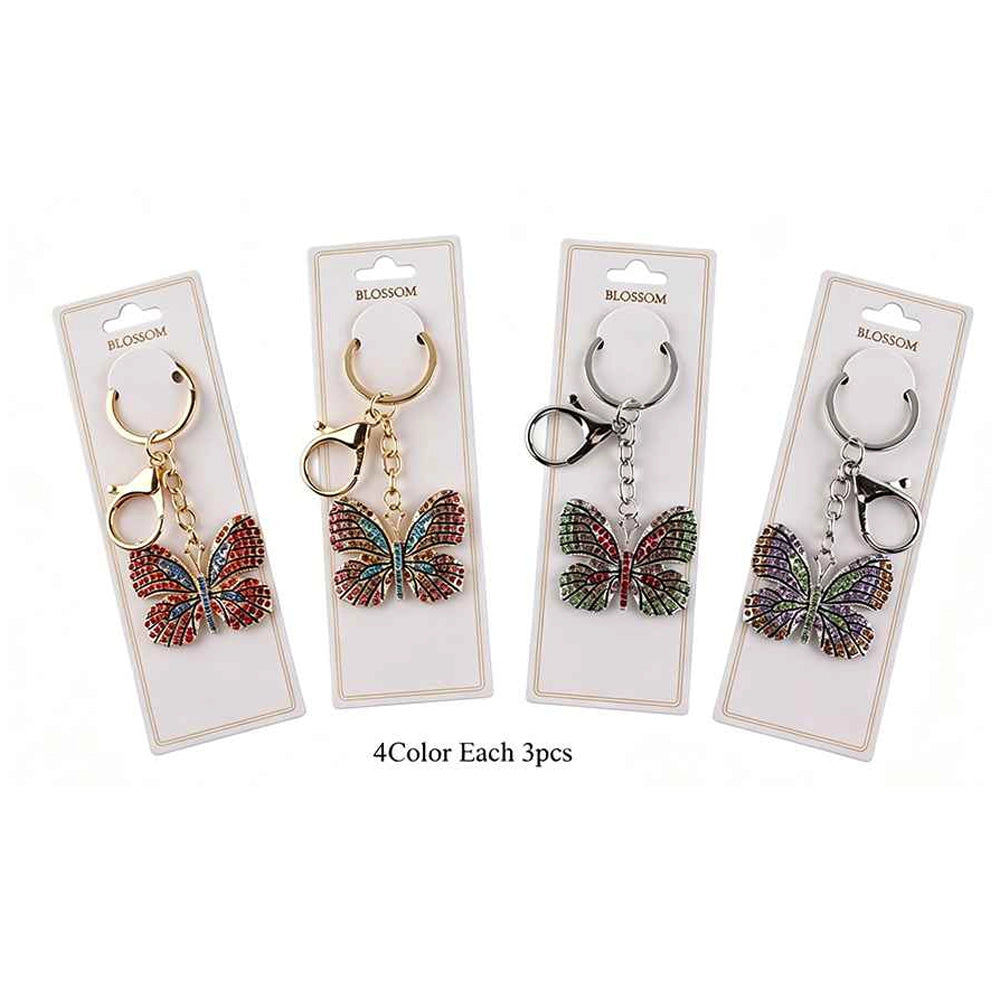 Rhinestone Butterfly Keychain Pack - 12 Pcs Crystal Insect Keyring Bulk with Lobster Claw Clasp, Sparkly Purse Charms and Car Key Accessories for Women, 4 Assorted Colors (IKC-787)