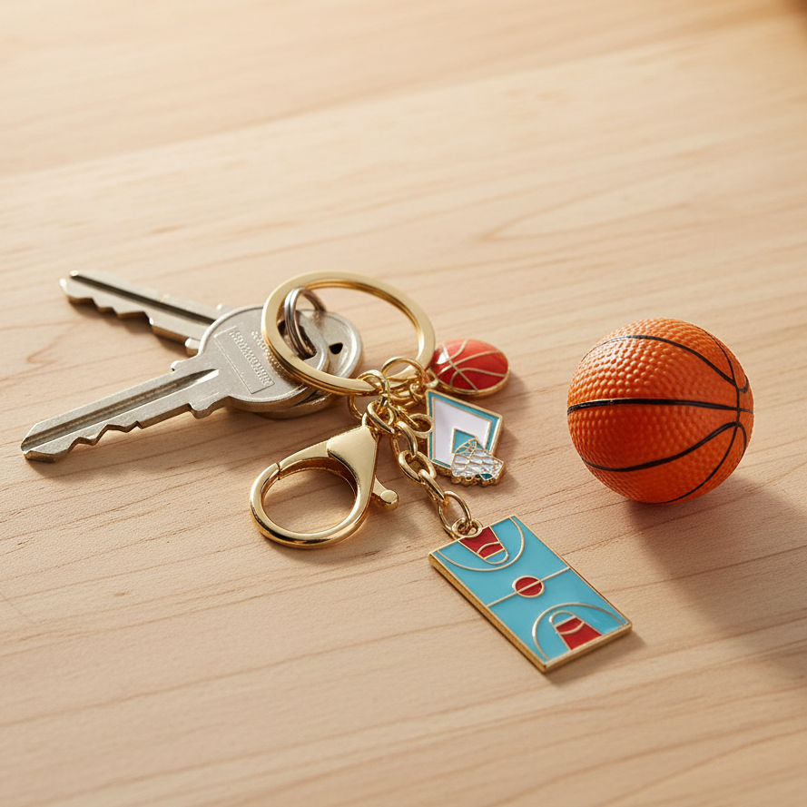 Basketball Charm Keychain Set – Enamel Court, Hoop & Ball Keyrings, Sport Theme Gifts for Basketball Lovers and Teams, Gold and Silver Finish (12-Piece Pack) (IKC-999)