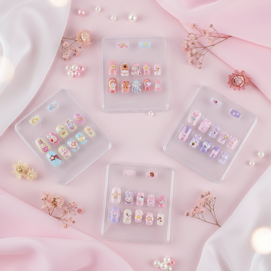 Cute Cartoon 3D Press-On Nails Set for Kids & Teens – Colorful Animated Artificial False Nails Kit (IKNA-021)