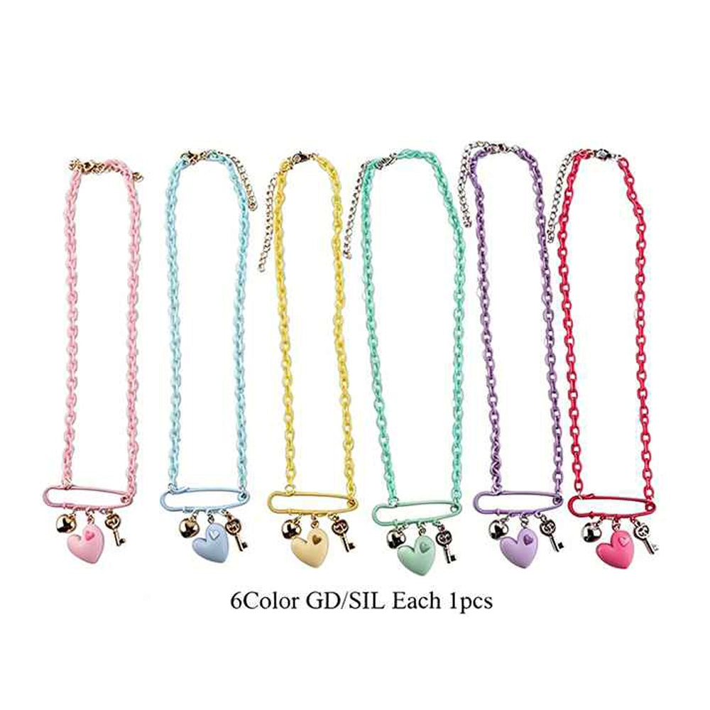 Pastel Heart & Key Charm Safety Pin Choker Necklace Set | 6-Piece Colorful Acrylic Link Chain Jewelry Set for Women & Girls | Y2K Aesthetic Fashion Accessories (IKNE-023)