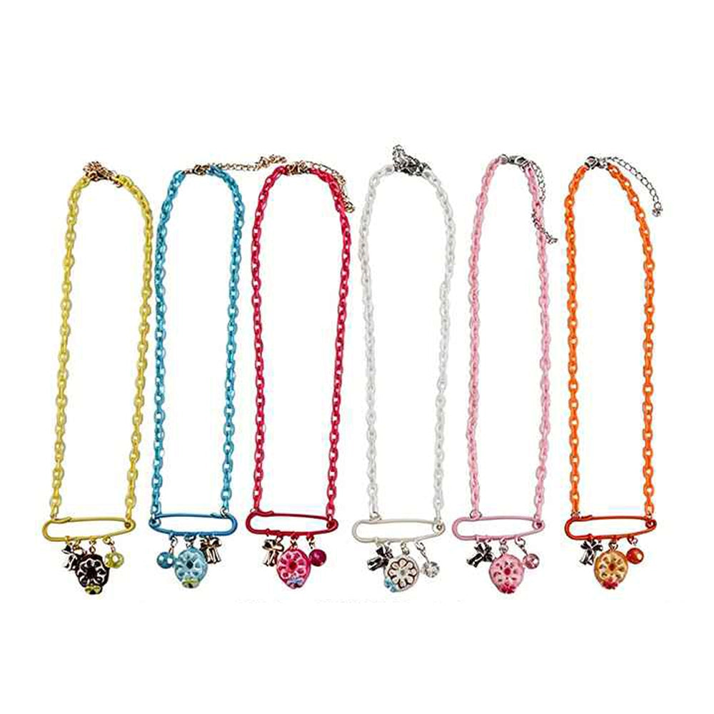 Colorful Plastic Chain Safety Pin Necklaces with Charms – 6-Pack Cute Y2K Aesthetic Jewelry Set for Girls & Teens – Blossom Charm Necklace Bulk (IKNE-027)