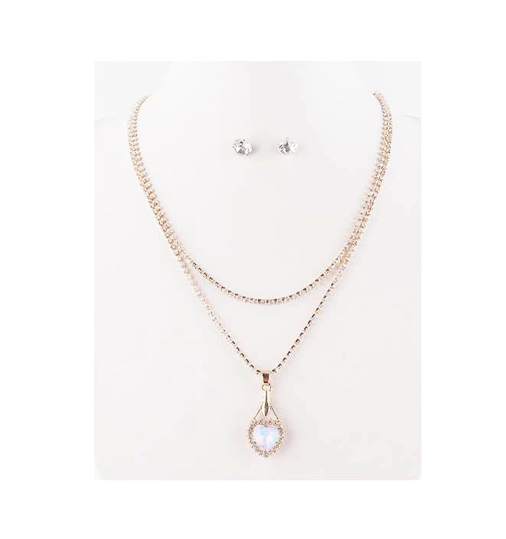 Enchanting Heart Crystal Layered Necklace & Stud Earrings Set