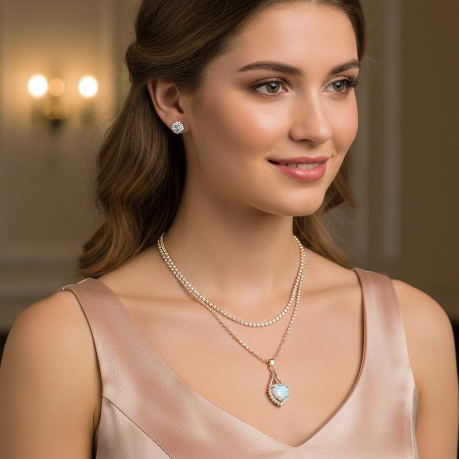 Enchanting Heart Crystal Layered Necklace & Stud Earrings Set