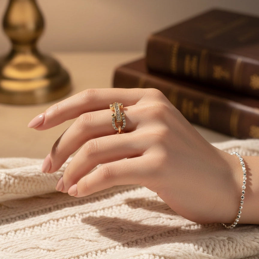 Elegant Gold-Tone Chain Link Crystal Ring – Adjustable Fashion Statement (IRI-1004)