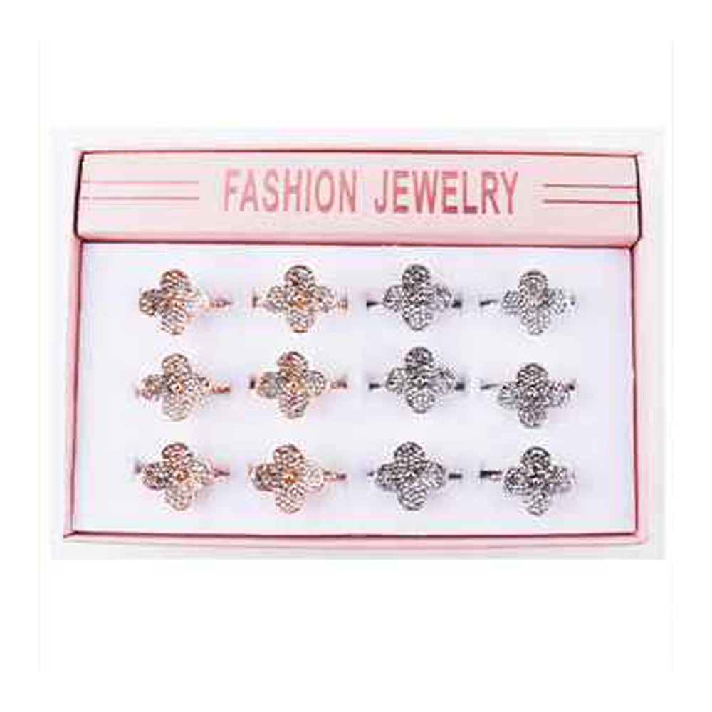 Unleash the Sparkle! Double Your Sales with Our 12-Piece Lucky Clover Pave Ring Assortment.