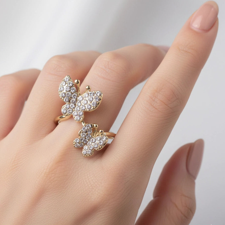 Dazzling Crystal Butterfly Ring Set - Adjustable Gold & Silver Tone